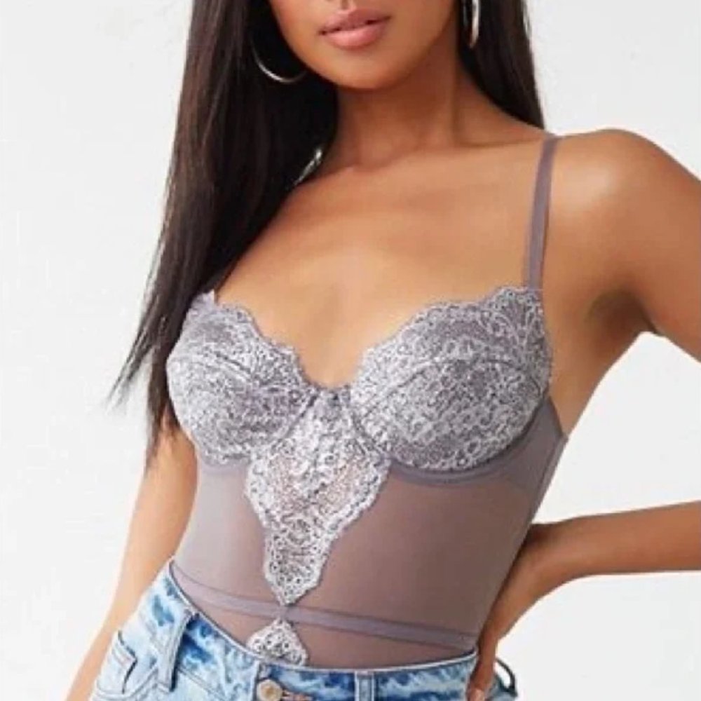 Forever 21 Metallic Silver lingerie bodysuit lace Shimmer Bodysuit NYE Outfit